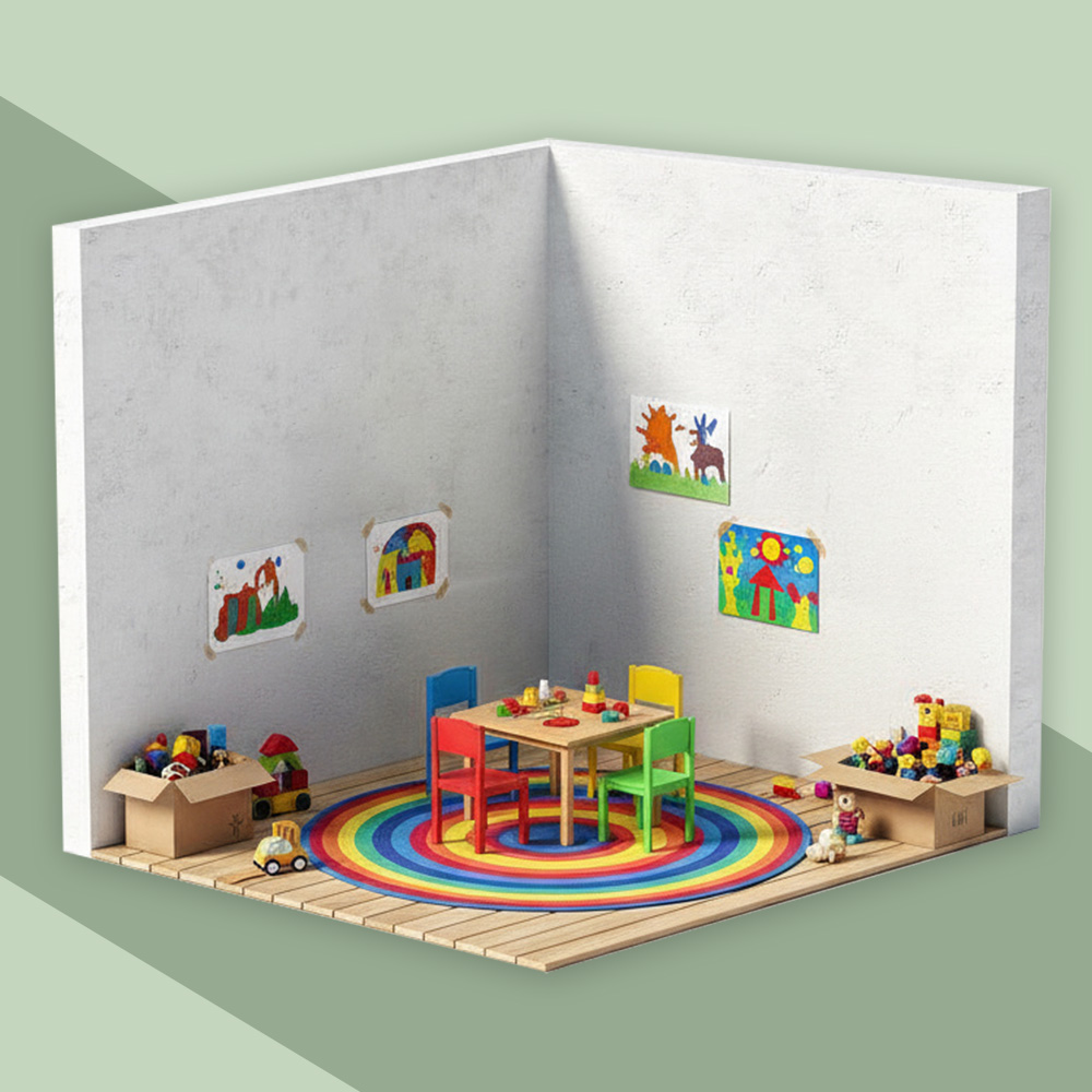 Modell eines Kindergartenzimmers mit kleinen bunten Möbeln