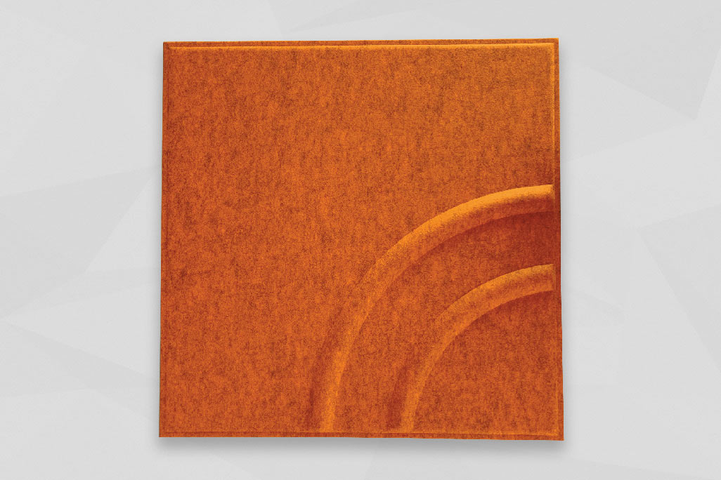 Rectangular grid ceiling insert in orange soni COLOR design photographed against a gray background
