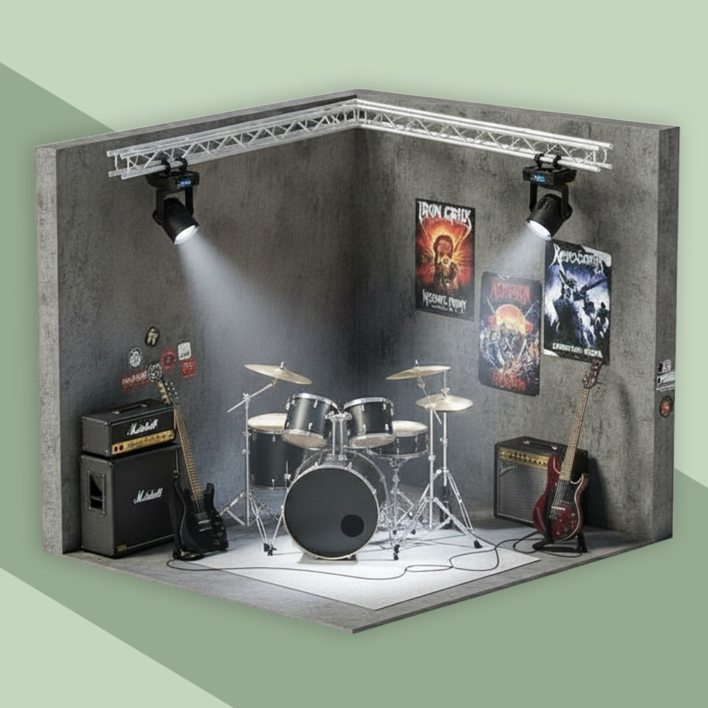 Modell eines Musikproberaums mit Schlagzeug und E-Gitarre