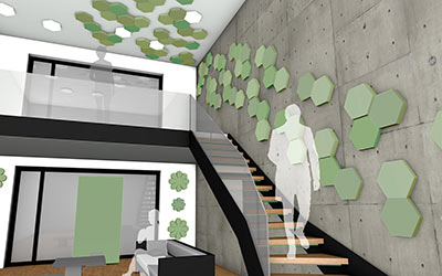 Staircase in an apartment. Acoustic elements soni HEXAGON from soniflex hang on the wall to improve the room acoustics and create a pleasant living atmosphere.