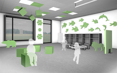Kindergarten with a window front and shelves, soni ELEMENT acoustic elements in various animal shapes from soniflex hanging on the wall to improve the room acoustics, soni CUBE seating cubes on the floor.