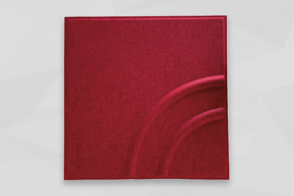 Rectangular grid ceiling insert in red soni COLOR design photographed against a gray background