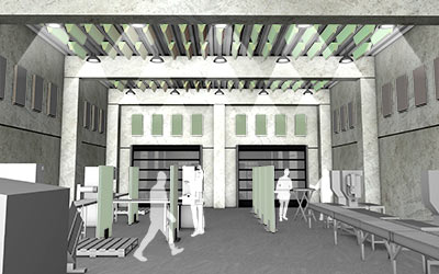 Production halls with machines, large gates and a conveyor belt. Acoustic elements soni COLOR from soniflex hang on the wall to reduce noise and improve the working environment.