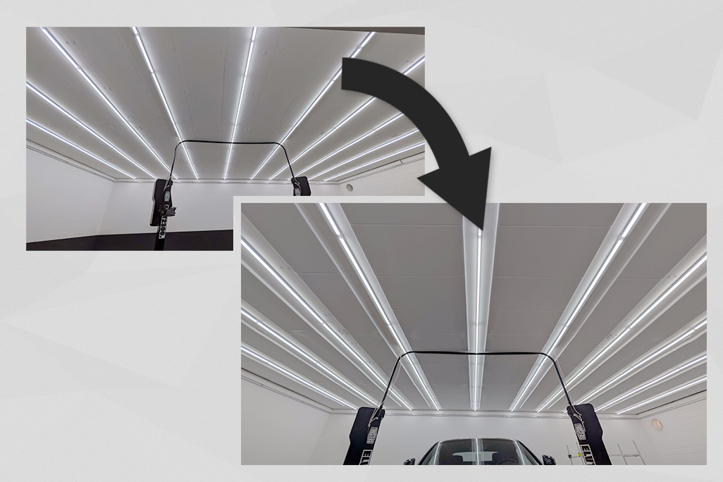 Vorher-Nachher von weißen Melaminabsorberplatten an einer Werkstattdecke