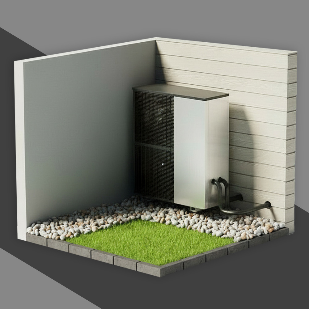 Modell einer Hauswand mit einer modernen Wärmepumpe