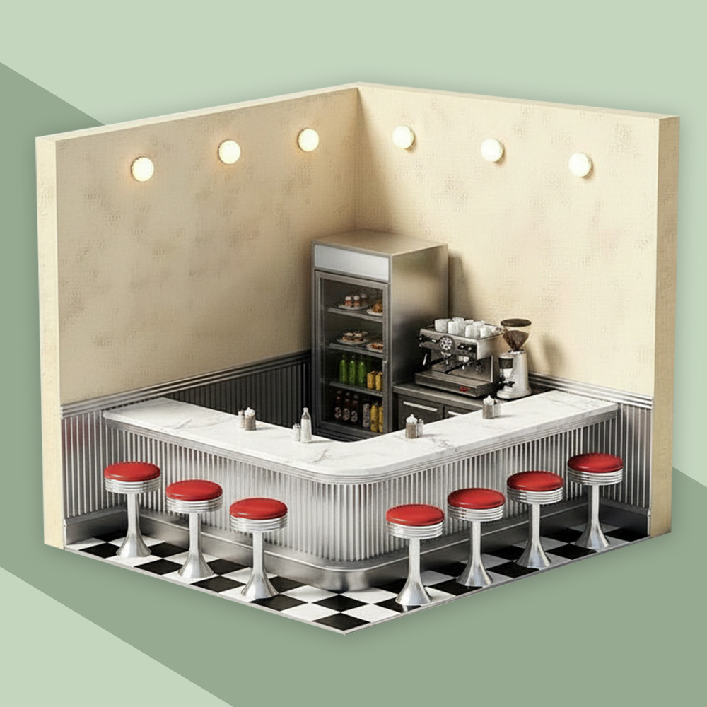 Modell  einer kleinen Bar mit Kaffemaschine und Kühlschrank