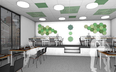 Restaurant / café with large window front and tables and chairs, soni HEXAGON acoustic elements from soniflex hang on the wall to improve the room acoustics.