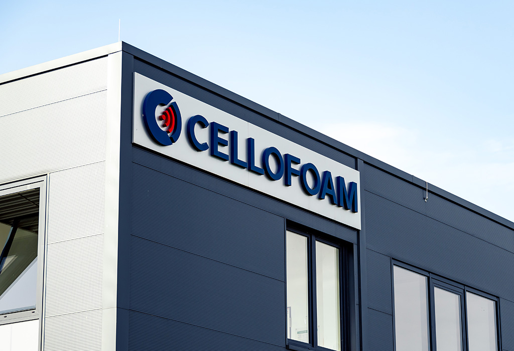 Close-up of the Cellofoam company logo on the company building